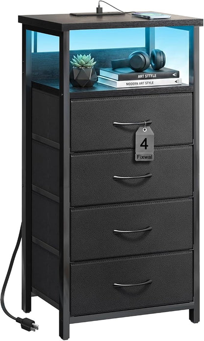 Fixwal Night Stand with Charging Station, Tall Nightstand with U-S-B Ports and Outlets, 4 Fabric Storage Drawers with PU Finish, Small Dresser Bed Side Table, Black