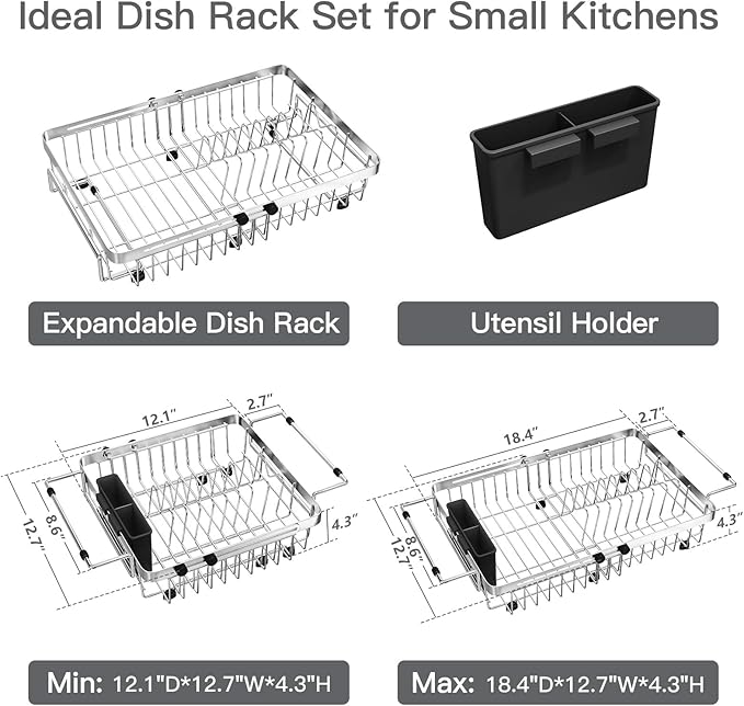 MAJALiS Dish Drying Rack Over The Sink, Expandable Stainless Steel Dish Drainer for Small Kitchen Counter Space Saving, RV Compact Plate Strainer In Silver Metal with Hanging Adjustable Utensil Holder