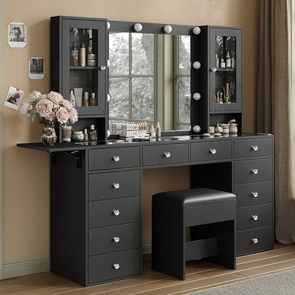 Vanity with Power Outlet, Vanity Desk with Mirror and 10 LED Lights, Makeup Vanity with 12 Drawers and 2 Cabinets, Fold-up Panel, Glass Top Dressing Table with Chair for Bedroom, Black