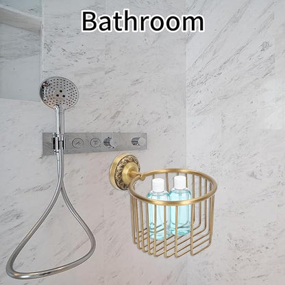 Antique Toilet Paper Holder Basket, Brass Antique Toilet Paper Holder Wall Mounted with Stable Metal Stand, Vintage Bathroom Decor Toilet Roll Holder with Shelf, Tissue Paper Roll Dispenser