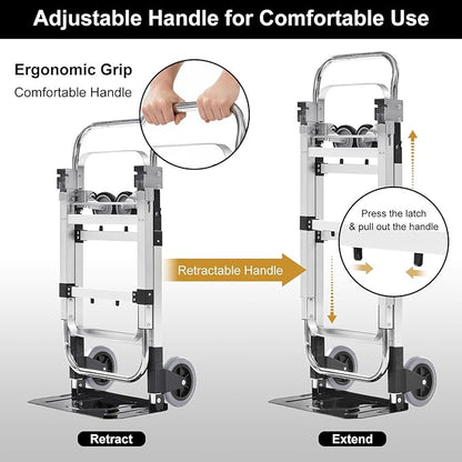 Folding Hand Truck Dolly, 500 lbs Heavy-Duty Convertible Cart, Aluminum Alloy Collapsible Design with Silent Rubber Wheels, Adjustable Handle, Flat Fold for Moving, Home, Office (Black)