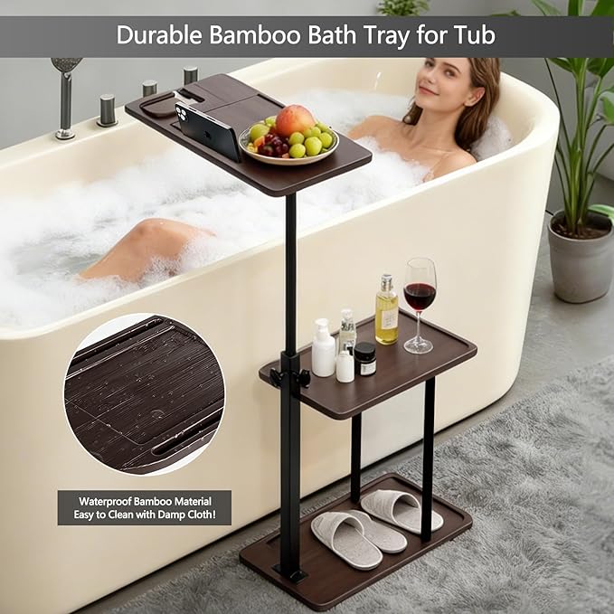 3 Layer Bathtub Tray Table,Bamboo Swivel Bathtub Side Table Height Adjustable,Freestanding Bathtub Tray for Tub Against Wall,Bathtub Accessories&Bathroom Organizer for Luxury Home Spa (Brown1)