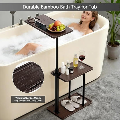 3 Layer Bathtub Tray Table,Bamboo Swivel Bathtub Side Table Height Adjustable,Freestanding Bathtub Tray for Tub Against Wall,Bathtub Accessories&Bathroom Organizer for Luxury Home Spa (Brown1)
