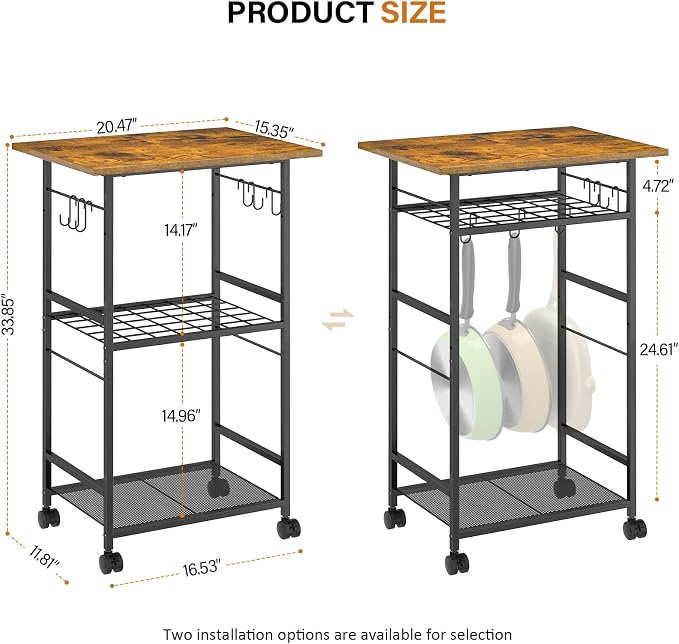 ThreeHio Rolling Kitchen Microwave Cart, 3 Tier Microwave Table Stand with Adjustable Shelf, Kitchen Storage Rack on Wheels, Coffee Station Cart Rack Shelf Organizer for Living Room Office, Balcony