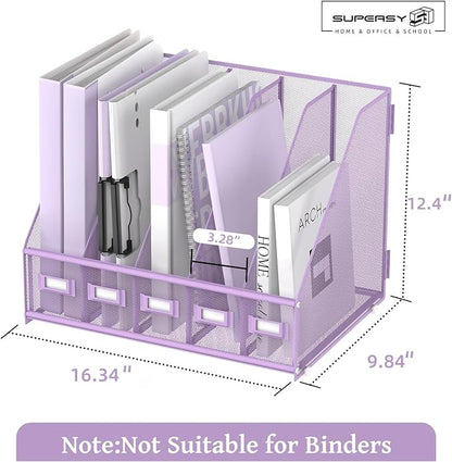 SUPEASY Desk Organizers Metal Desk Magazine File Holder with 5 Vertical Compartments Rack File Organizer for Office Desktop, Classroom, Home Workspace, Purple