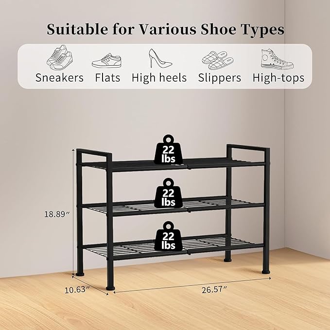 3 Tier Shoe Rack for Closet,Adjustable Metal Shoe Storage Organizer Utility Shelf for Entryway, Dorm Room,Bedroom,Heavy Duty Shelf (Black, 3 Tier)