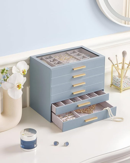 Lolalet Jewelry Box Organizer, 6-Layer Jewelry Organizers and Storage Case with Glass Lid, Ring Earring Bracelet Necklace Holder Organizer, Birthday Valentine Gifts for Women Girls -6Layer, HazeBlue
