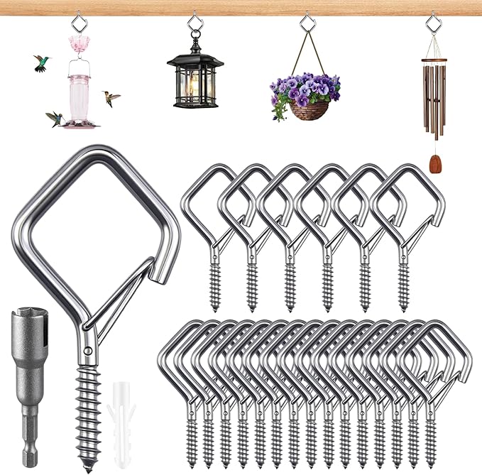 25 Pack Outdoor String Light Hooks with Safety Buckle, 2.16 Inch 304 Stainless Steel Screw Hooks for Hanging Lights, Wind Chimes and Lanterns, Ceiling Hooks for Indoor and Outdoor Use