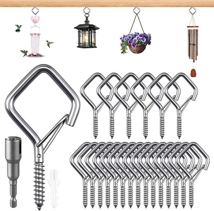 25 Pack Outdoor String Light Hooks with Safety Buckle, 2.16 Inch 304 Stainless Steel Screw Hooks for Hanging Lights, Wind Chimes and Lanterns, Ceiling Hooks for Indoor and Outdoor Use
