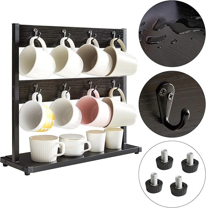 IBUYKE Wood Coffee Mug Holder for Countertop,16 Hook Mug Tree Holder Rack with Storage Base,Mug Display Organizer,Mug Holders for Home Kitchen,Black UTBJ001B