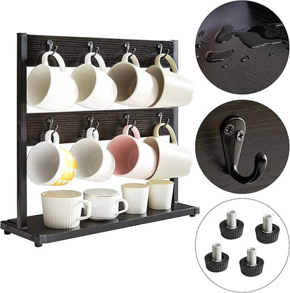 IBUYKE Wood Coffee Mug Holder for Countertop,16 Hook Mug Tree Holder Rack with Storage Base,Mug Display Organizer,Mug Holders for Home Kitchen,Black UTBJ001B