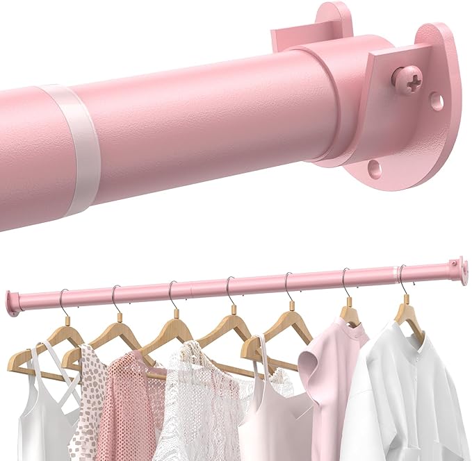 Supforce Closet Rods for Hanging Clothes, 17 to 84 Inches Stepless Adjustable Metal Closet Rod, 1.3 Inches Heavy Duty Clothes Hanging Rod for Closet Wardrobes Laundry RV, Pink