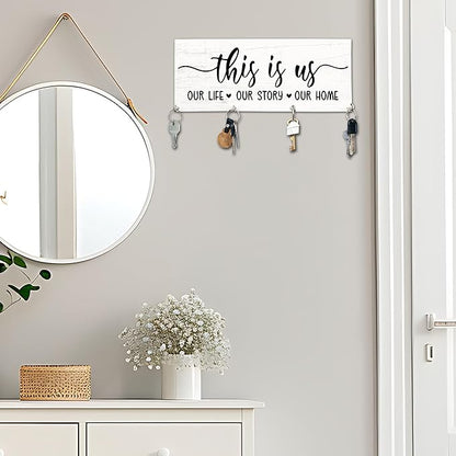 This is Us Wooden Key Holder for Wall - 5"x10" Key Organizer Hanger with 4 Hooks for Home Front Door Hallway Entryway Kitchen - Home Office Decor & Housewarming Gifts Supplies - A05