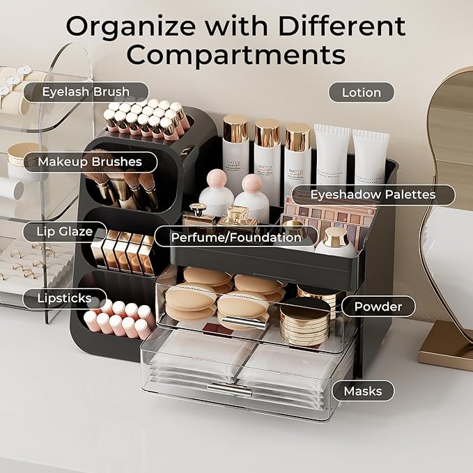 UFORU Makeup Organizer for Vanity with Brush Holder, Large Capacity Bathroom Countertop Skincare Organizer with 2 Drawers, Cosmetic Display Case for Perfumes, Eyeshadow Palettes, Nail Polishes