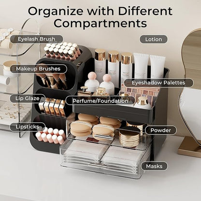 UFORU Makeup Organizer for Vanity with Brush Holder, Large Capacity Bathroom Countertop Skincare Organizer with 2 Drawers, Cosmetic Display Case for Perfumes, Eyeshadow Palettes, Nail Polishes