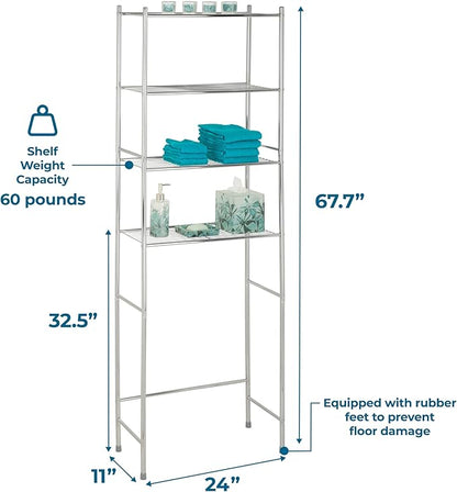 Honey-Can-Do 4-Tier Over-The-Toilet Storage Shelf - Space-Saving Steel Bathroom Restroom Organizer with Neutral Chrome Finish, Ideal for Towels, Toiletries, & Essentials - 24"W x 68"H x 11"D