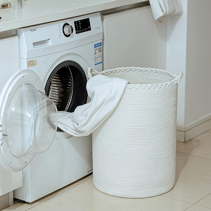 Homlikelan 58L Woven Laundry Basket,Cotton Tall Laundry Hamper for Blankets,Clothes,Pillows,Toys,Shoes Large Laundry Bin White