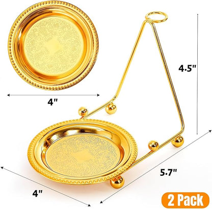 2 Pack Cup and Saucer Display Stand, Gold Teacup Saucer and Spoon Holder with Base, Decorative Plate Storage Rack, Desktop Coffee Mug Organizer for Plates, Bowls, Tablet, Art