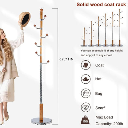 Coat Racks Freestanding, Natural Wood Coat Stands with 6 Hooks, 68" Heavy Duty Adjustable Height Vintage Hall Tree for Entryway, Bedroom, Office, Easy Assembly (Solid Wood Metal Hook)