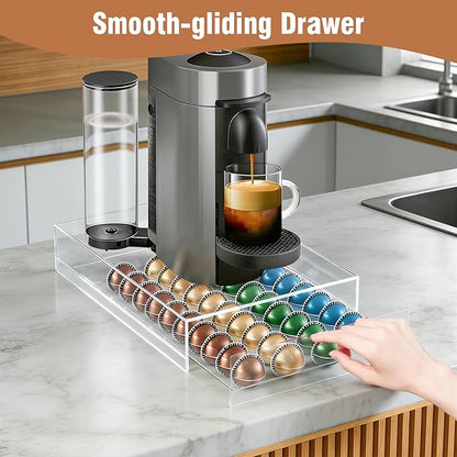 Jumyee Acrylic Coffee Pod Drawer for Nespresso Vertuo Pod Holder, Clear Coffee Capsule Organizer Storage Drawer for Counter 40 Pods