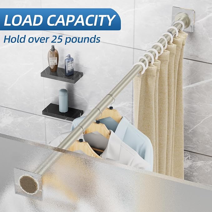 CorkLatta Nickel Shower Curtain Rod,1 Inch Diameter Stainless Steel Adjustable Spring Tension Rods 32 to 92",with Holders,Anti-Slip,Curtain Rods No Drilling(1 Pack)