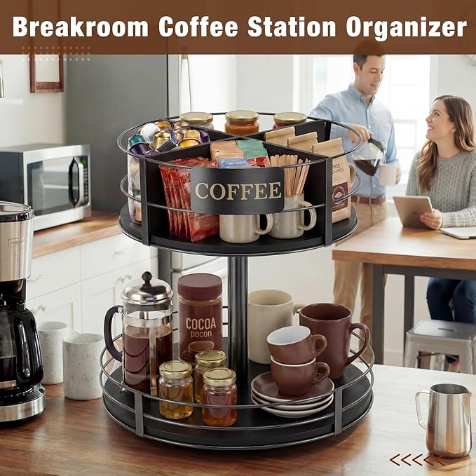 Sieral 360° Rotating Coffee Bar Organizer 2 Tier Coffee Bar Lazy Susan Wood Metal Station Organizer Holder with Convenient Grab-and-go for Countertop Pod Syrup Mug Tea Spice Snack Kitchen Office