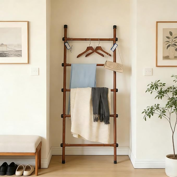 SIBRAD Expandable Blanket Ladder for Living Room, Adjustable Width (17.3"-32.3") Tall Metal Quilt Rack Wall Leaning, Rustic Brown Wood Grain 5-Tier Blanket Holder, Heavy Duty 45 Lbs Capacity
