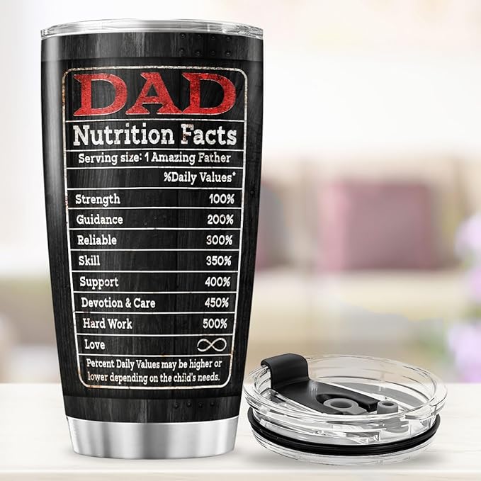 Best Dad Ever Black Travel Mug 20oz, Funny Nutrition Facts Insulated Stainless Steel Tumbler for Father, Husband, Grandpa, Unique Birthday or Father's Day