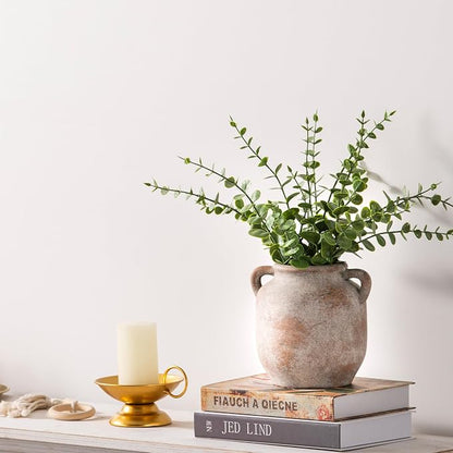 Ceramic Flower Vase Home Decor - Farmhouse Rustic Table Vases with Handle Living Room Decoration Decorative Vintage Pottery for Kitchen Shelf Coffee Dining Bookshelf Fireplace Centerpiece (6" Retro)