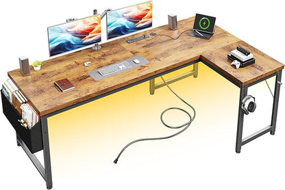 63 Inch L Shaped Desk Computer Desk with Power Outlets & 0.95 Inch Thicker Desktop, Gaming Desk with Storage Bag & Lights, Corner Desk, Reversible Office Desk for Living, Study,Bedroom,Brown
