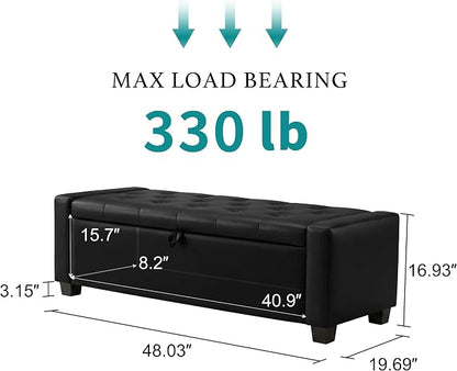 Huatean Home 48" Ottoman with Storage, Storage Ottoman Bench with Safety Hinge, Upholstered Entryway Bench with Seating for Bedroom, Living Room, Holds up to 330 lb, Light Black