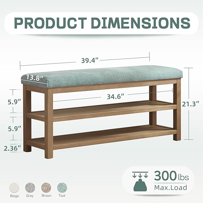 Shoe Rack Bench with Cushion, 2 Tier Solid Wood Storage Bench, Mid-Century Modern Shoe Bench for Entryway, Hallway, Closet, Front Door Entrance, Foyer (Teal, 39.4")