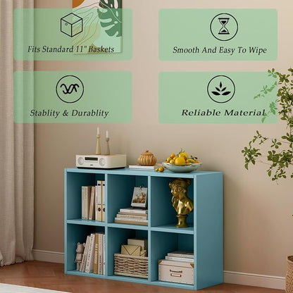 OSCHF 6-Cube Storage Shelf Bookcase - Wooden 3-Tier Floor Standing Open Bookshelf for Home and Office, Display Cabinet, Light Blue