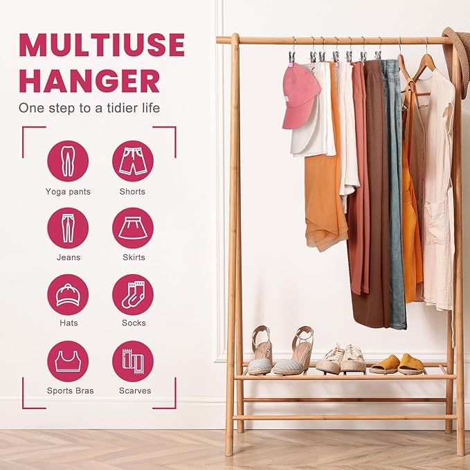 50 Pack Pants Hangers with Clip,Legging Organizer for Closet Hanging, Space Saving Yoga Pants Hangers Clip Hanger Wardrobe Organization,Closet Organizers and Storage for Jeans,Shorts,Skirts,Hats-Pink