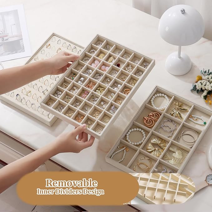 Large Velvet Jewelry Tray 2 Pack Stackable Jewelry Display Drawer Inserts Trays Organizer for Earring Bracelet Necklace Ring (Beige, 48 Grids)