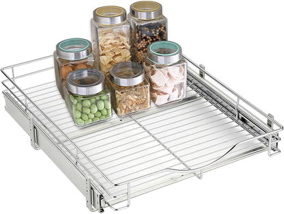 DINDON Pull Out Cabinet Organizer, (11" W x 18" D) Heavy-Duty Metal Sliding Drawer Shelf, Bathroom Under Sink Kitchen Cabinets Organizer and Storage Slide Out Shelves, Chrome, 1 Tier, 2 Pack