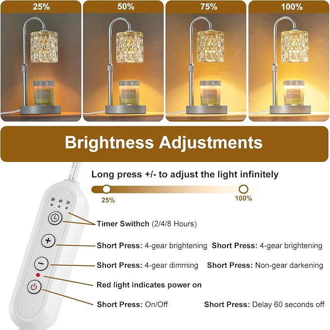 Briever Dimmable Candle Warmer Lamp with Timer, Height Adjustable Electric Candle Wax Warmer, Christmas Birthday Gifts for Women Mom, House Warming Gifts New Home Room Decor, Silver Solid Wood Base