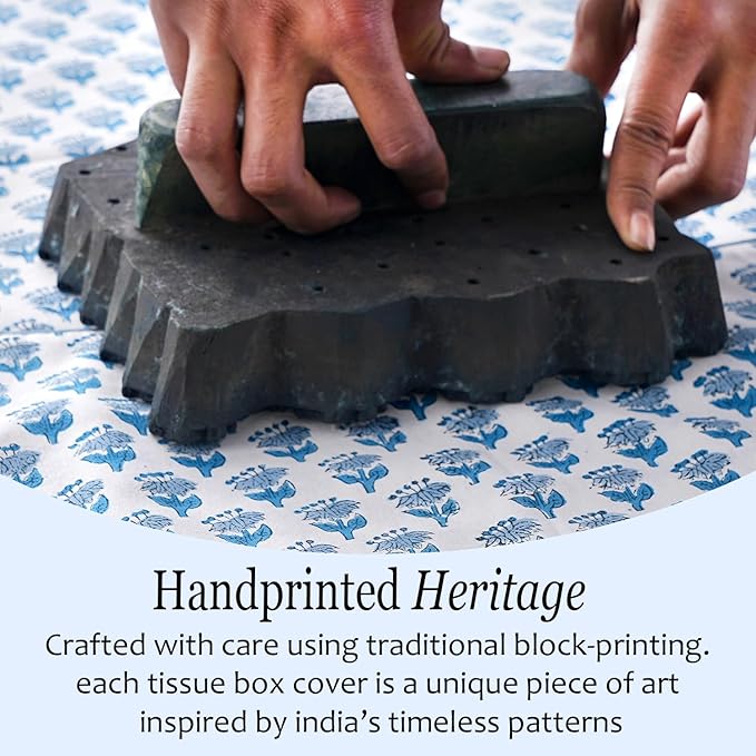 CPC Apatite Blue Hand Block Printed Cotton Tissue Box Cover 5" x 5" x 5.5" Square Soft Reusable Boho Napkin Holder for Home Kitchen Dining Bathroom Office Cafe Spa Summer Thanksgiving