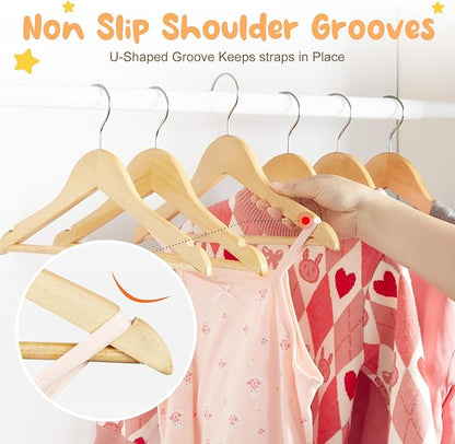 HOUSE DAY Wooden Baby Hangers for Closet 20 Pack, Kids Wooden Hangers for Baby Clothes, Heavy Duty Wood Toddler Coat Hanger with Non Slip Pant Bar, 360° Swivel Hook, Shoulder Notches, Natural