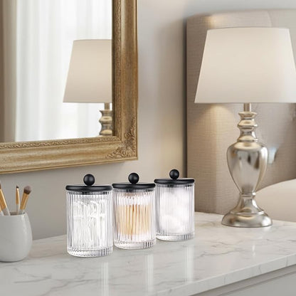 SheeChung 4-Pack Black Ribbed Glass Qtip Holder - Apothecary Jars Bathroom Organizer Set with Lids - Vanity Storage Canisters for Cotton Balls, Pads, Swabs, Floss Picks - Modern Farmhouse