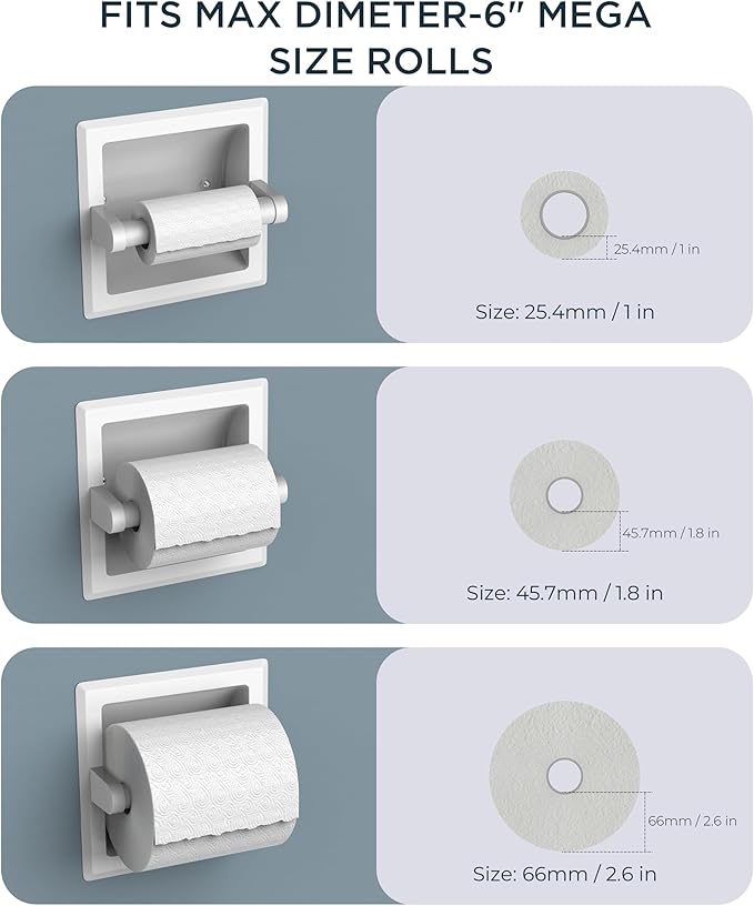 FORIOUS Recessed Toilet Paper Holder, Stainless Steel Durable Tissue Roll Holder Wall Mount for Bathroom Space Saving Design with Mounting Bracket, in Wall Toilet Paper Dispenser Insert, White