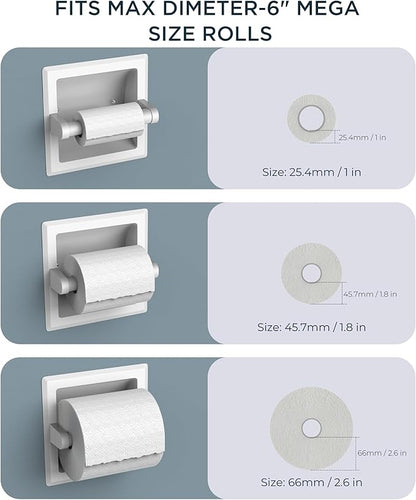 FORIOUS Recessed Toilet Paper Holder, Stainless Steel Durable Tissue Roll Holder Wall Mount for Bathroom Space Saving Design with Mounting Bracket, in Wall Toilet Paper Dispenser Insert, White