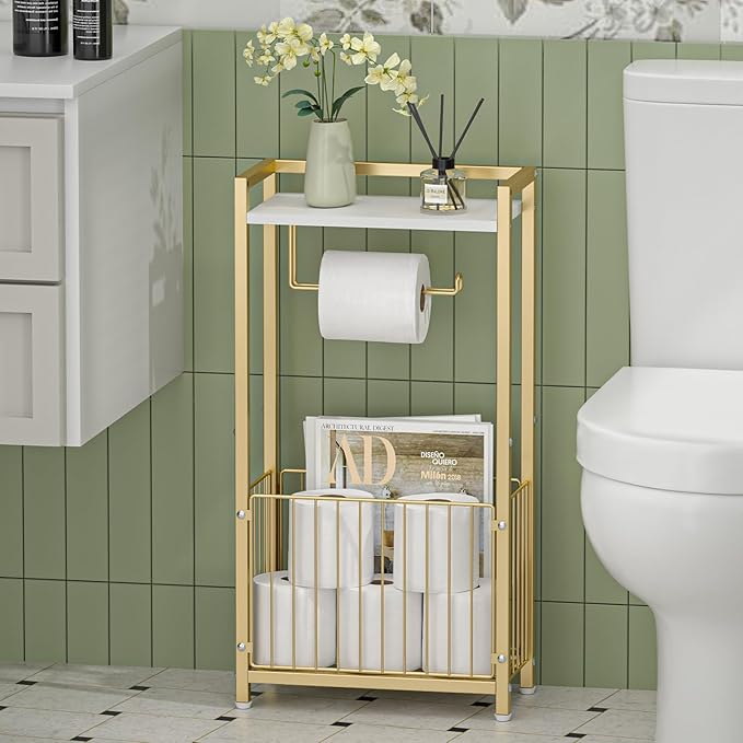 Freestanding Toilet Paper Holder with Storage Shelf – Bathroom Tissue Stand with Space for Phone, Rolls, and Magazines – All-in-One Toilet Roll Dispenser and Organizer (Gold)