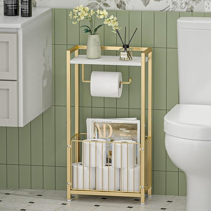 Freestanding Toilet Paper Holder with Storage Shelf – Bathroom Tissue Stand with Space for Phone, Rolls, and Magazines – All-in-One Toilet Roll Dispenser and Organizer (Gold)