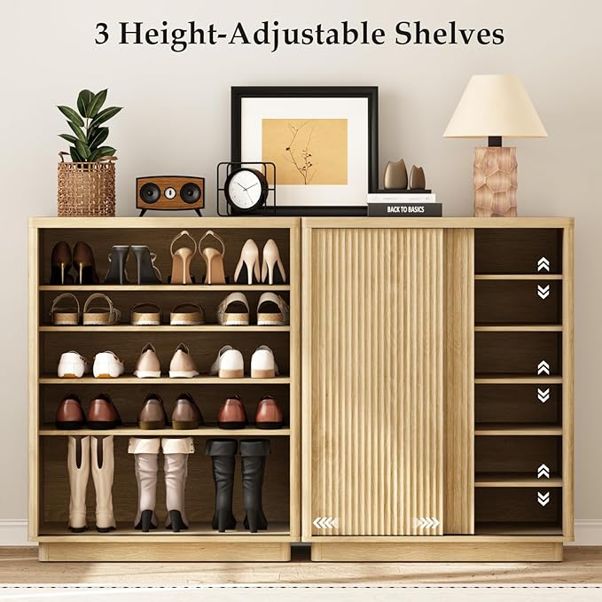 Fluted Shoe Cabinet with Sliding Door Set of 2, 6-Tier Large Hidden Storage Organizer Modern Shoe Rack with Adjustable Shelves, Mid Century Freestanding Wooden Shoe Storage Cabinet for Entryway,Oak