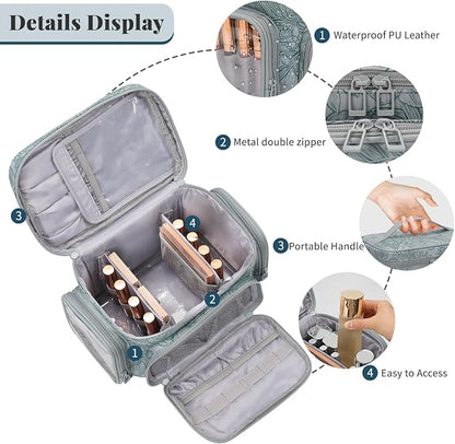 Bagmoly Large Makeup Bag, Portable Travel Makeup Bag Organizer for Women Girls with Makeup Brush Compartment & Two Side Pockets, Cosmetic Travel Bag Vertical Storage Toiletry - Floral Blue