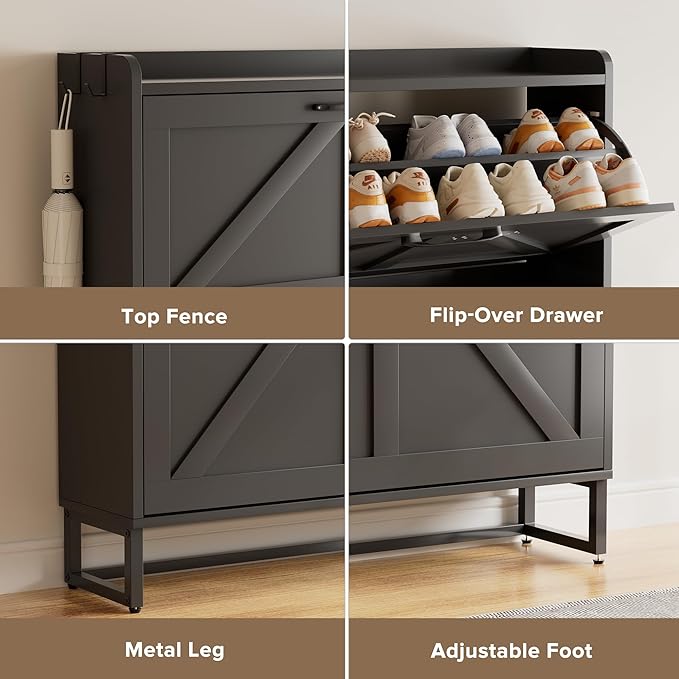 EOYUTLLY Shoe Cabinet Storage for Entryway, Narrow Shoe Rack with 3 Flip Drawers, Freestanding Hidden Shoe Rack Storage Organizer, Slim Shoe Cabinet White with Metal Legs