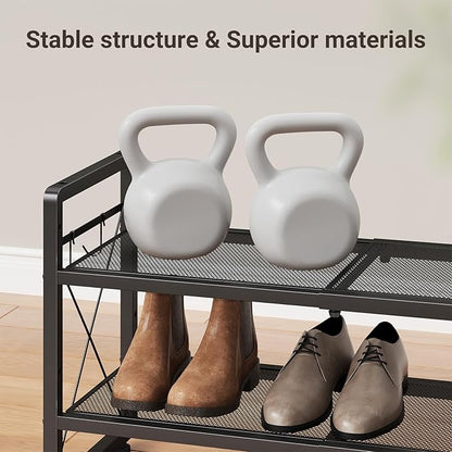 ELYKEN Shoe Rack, 4-Tier Expandable Shoe Organizer for Entryway, Metal Black Shoe Shelf with 4 Hooks, Adjustable Shoe Stand Holder for Closet, Garage, Door Entrance