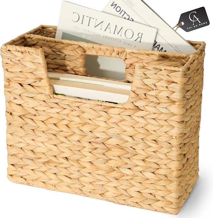 CHI AN HOME Wicker Magazine Basket, Handwoven Water Hyacinth Storage Bin & Organizer for Files, Books, Newspapers, Documents, Decorative Storage Bin with Handle for Office, Living Room, Dorm, Bathroom
