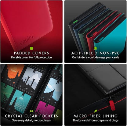 Vault X 4 Pocket Zip Binder, 160 Cards, Exo-Tec Material, 20 Side-Loading Pages (Red)